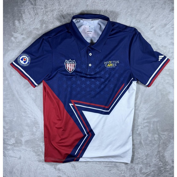adidas Other - Adidas Invictus Games Polo Shirt Mens Medium Blue USA Flag Star Dusseldorf 2023